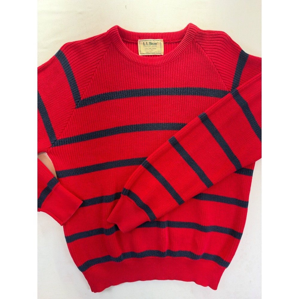Vintage LL Bean Red Navy Blue Striped Ribbed Crewneck Sweater Made in USA XL
